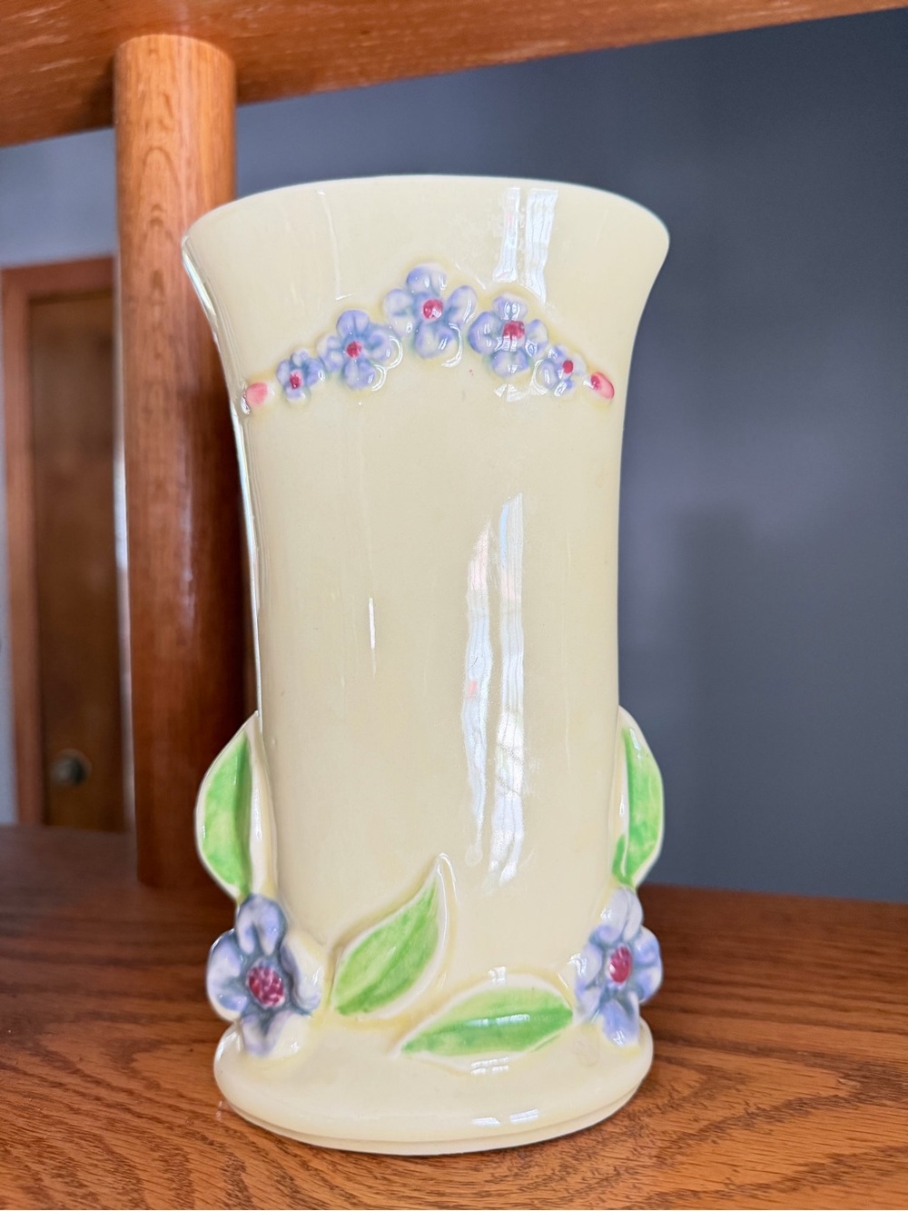 Shawnee Pottery Yellow Floral Ceramic Vase with Blue Flowers -